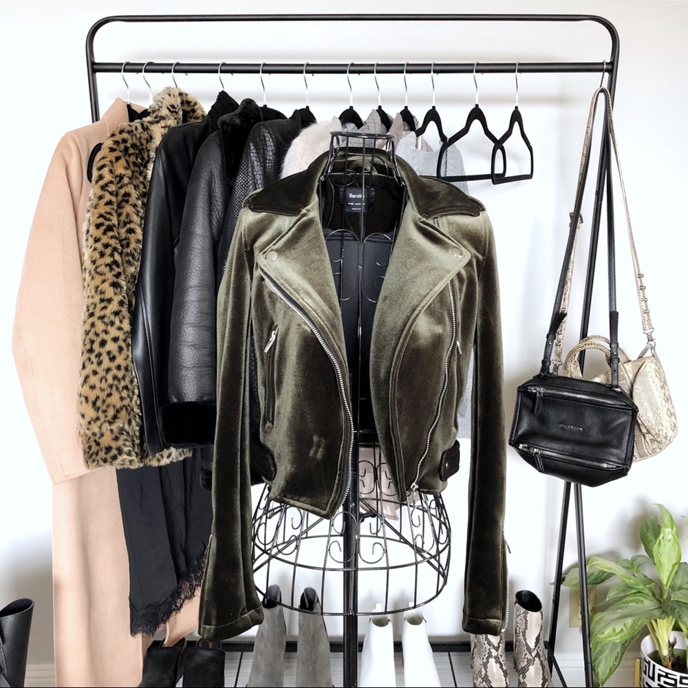 Olive Green Velvet Cropped Moto Jacket - Picture 1 of 5